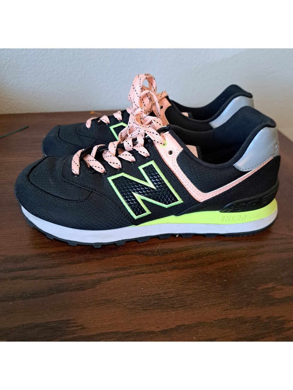 New Balance 574 Classic Retro Black Neon Green Pink Lace Sneakers